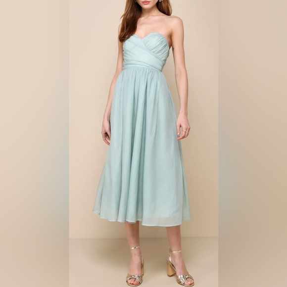 Lulus Dresses & Skirts - LULUS Fairytale Design Sage Green Organza Strapless A-Line Midi Dress XS NWT